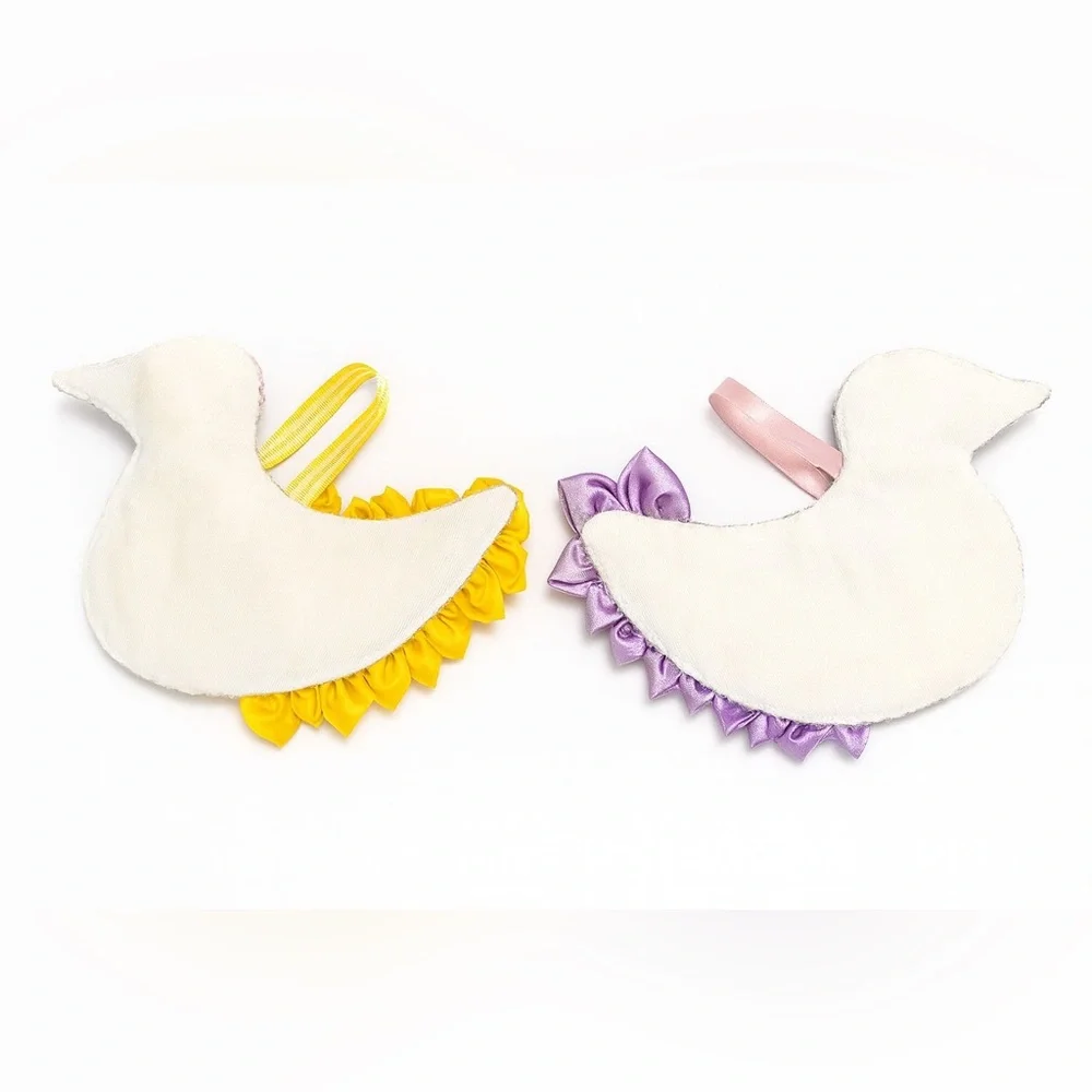 Handmade Beaded Bird Ornament Pair-Yellow & Purple Satin Ribbon with PearlsDecor